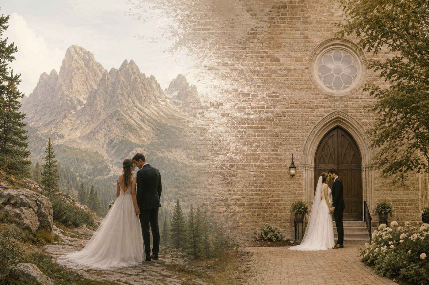 A couple in wedding attire at a mountainside chapel