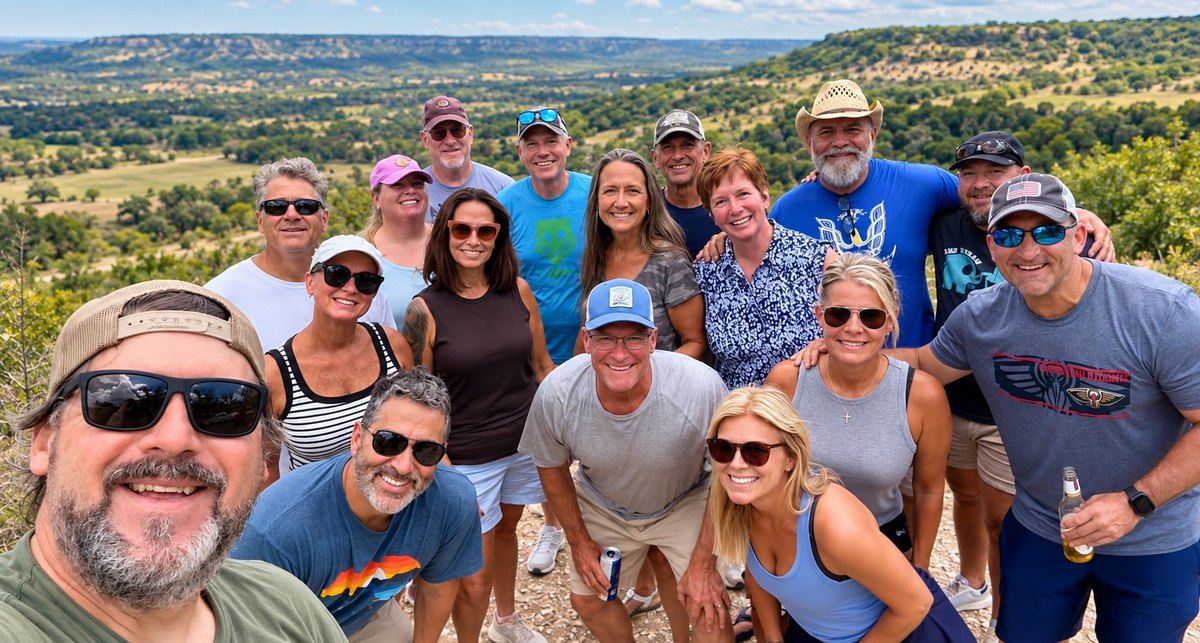 A group of travelers smiling together at a Texas Hill Country overlook