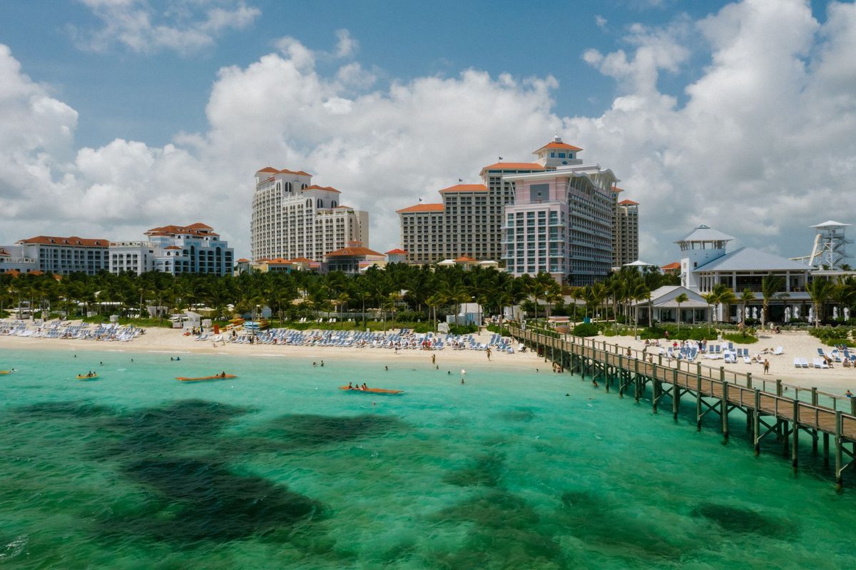A resort beach and turquoise water in Nassau, The Bahamas