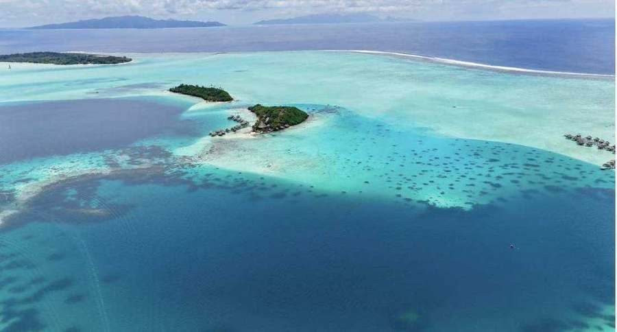 Aerial view of the Bora Bora lagoon, French Polynesia
