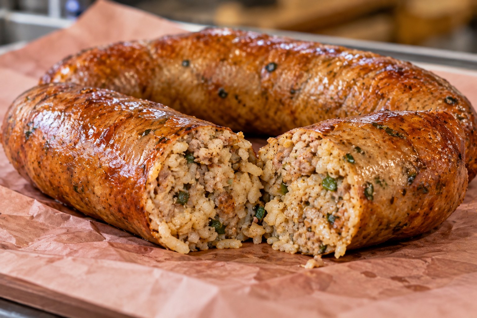 Boudin sausage cut open showing the rice and pork filling, on butcher paper