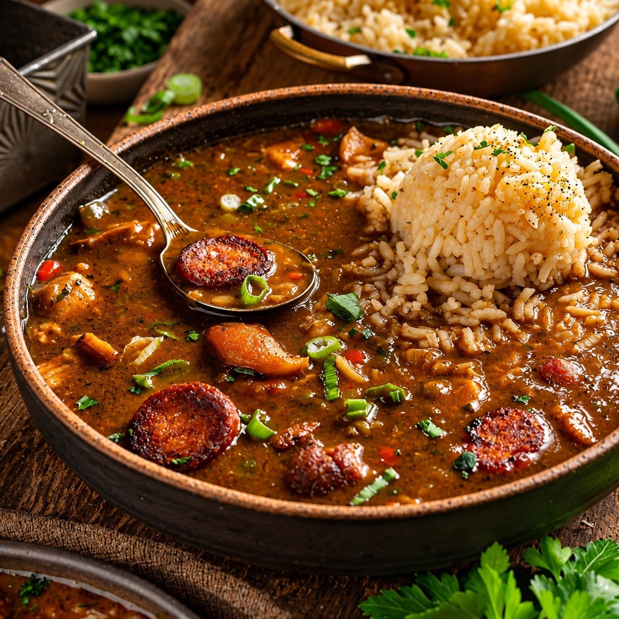 A bowl of dark roux Louisiana gumbo served with rice and sausage