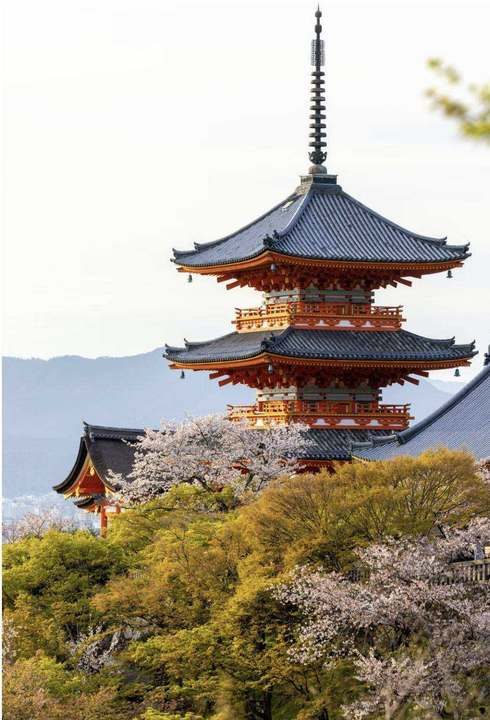 Kiyomizu-dera pagoda and cherry blossoms, Kyoto, Japan