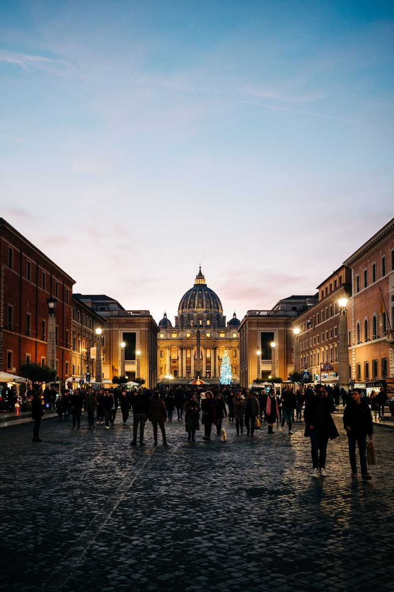 Saint Peter's Basilica at dusk in Rome, Italy