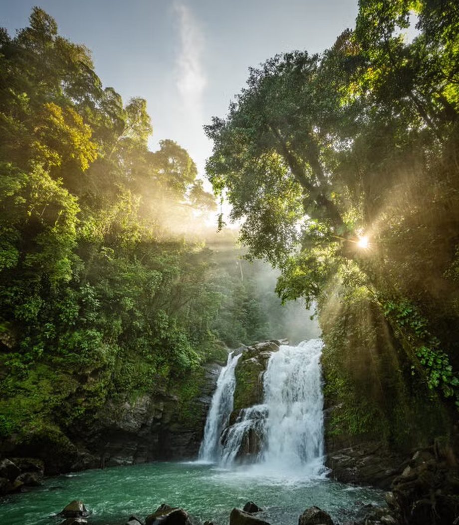 Twin waterfalls falling into a pool in the Costa Rican rainforest